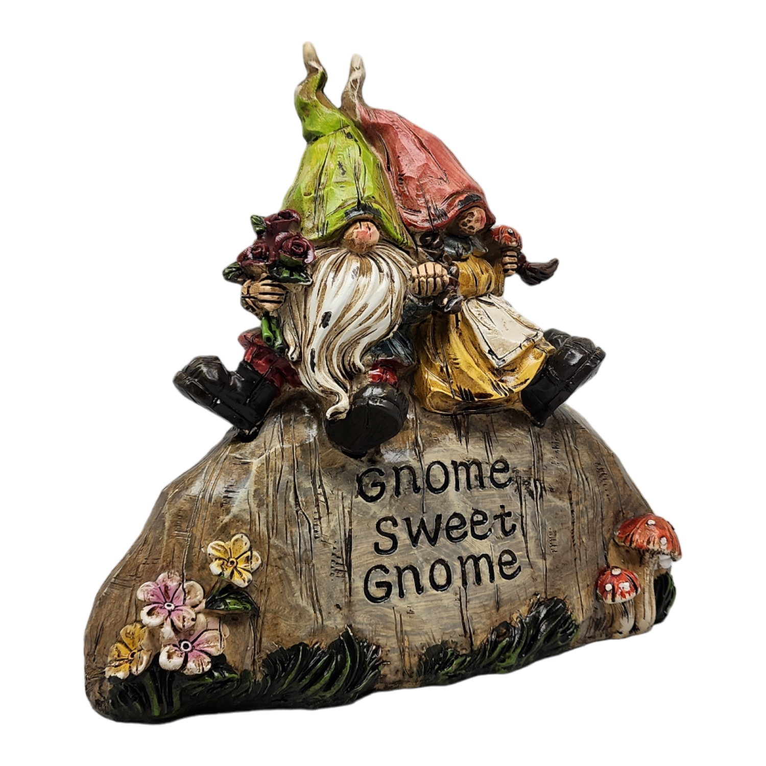 Garden Gnomes on a Rock - 8 Inch - Gnome Sweet Gnome figurine resting on a rock with flowers.