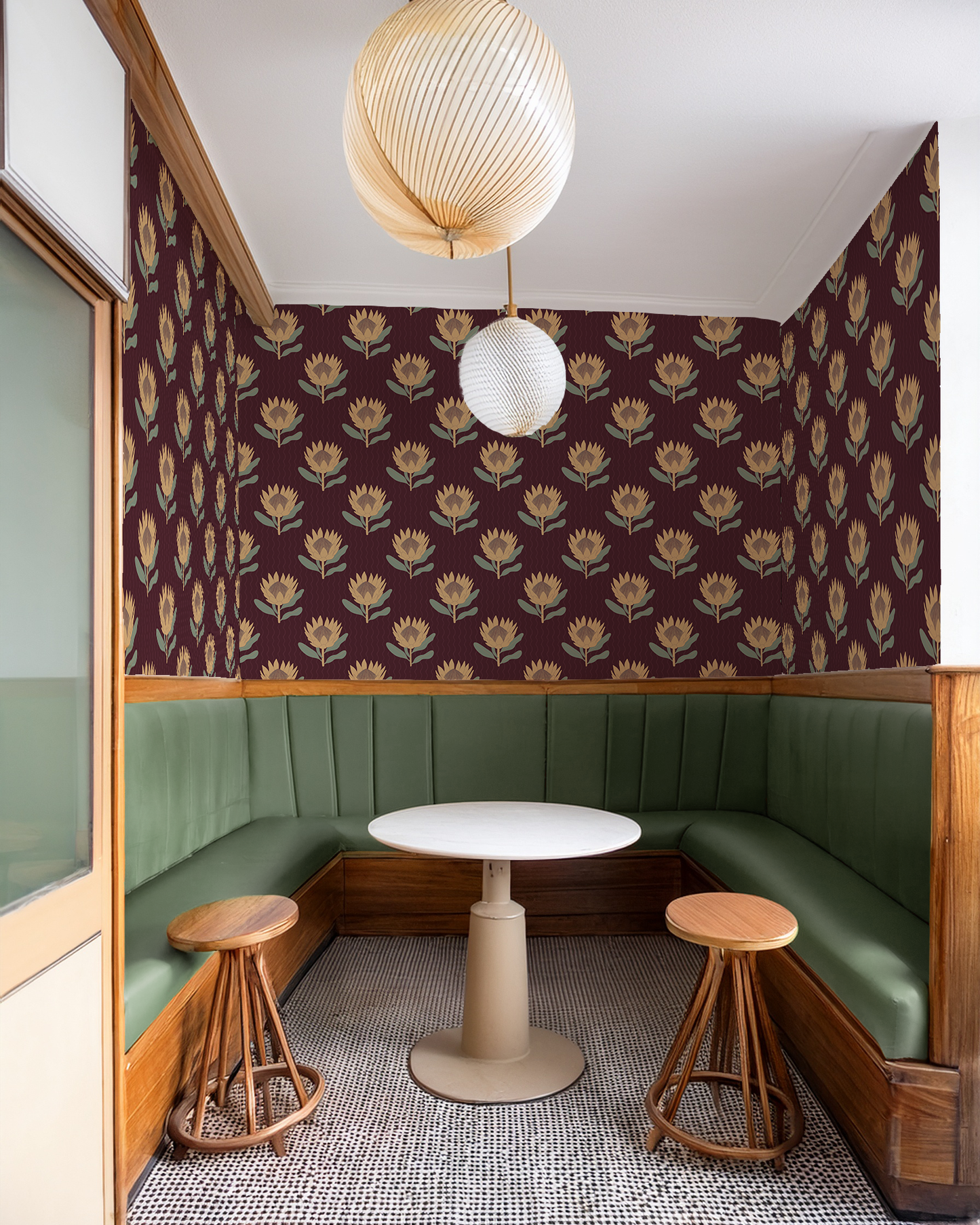 King Protea Wallpaper, dark plum and butter yellow