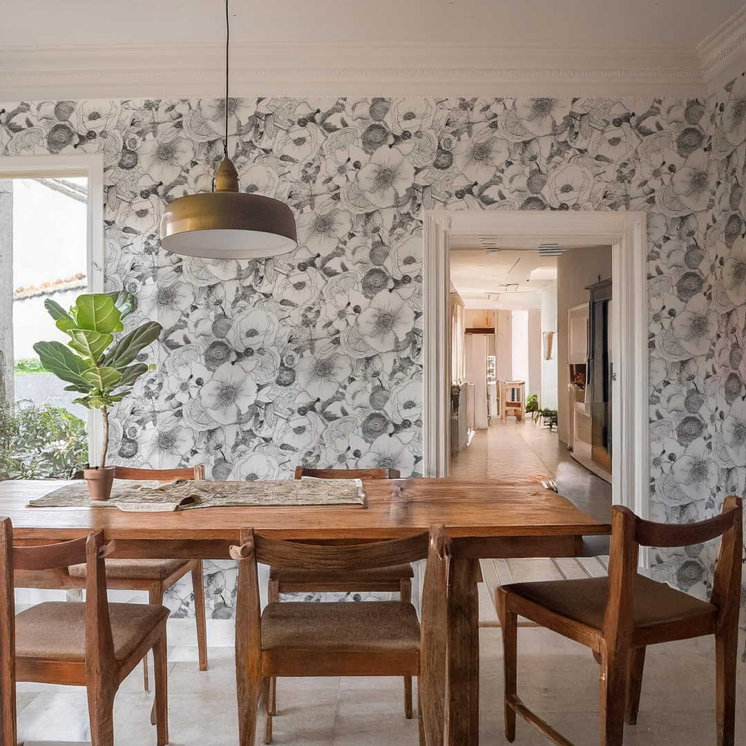 Floral Reverie Wallpaper, black and white