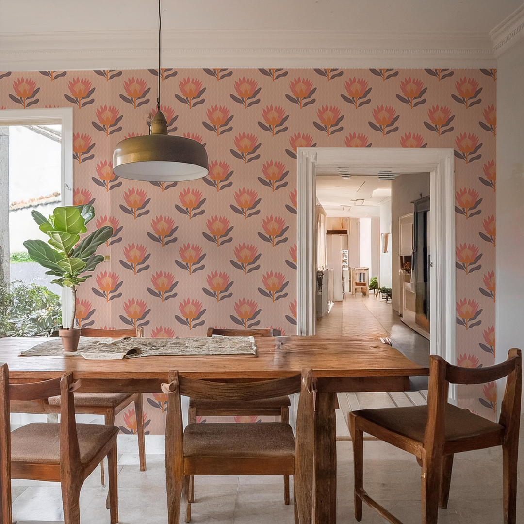 King Protea Wallpaper, coral and orange