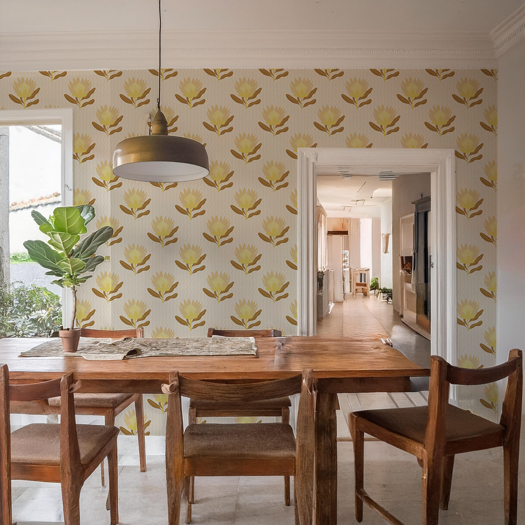 King Protea Wallpaper, neutral and brown mustard