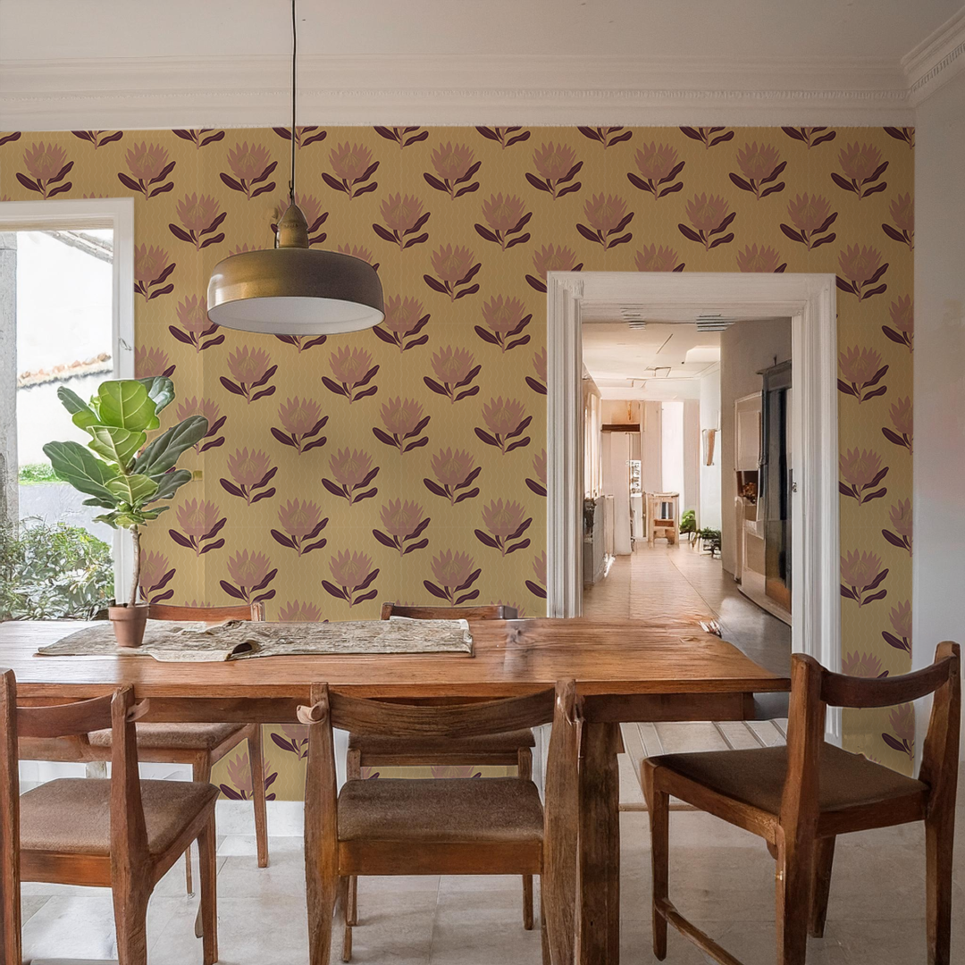 King Protea Wallpaper, butter yellow and mauve