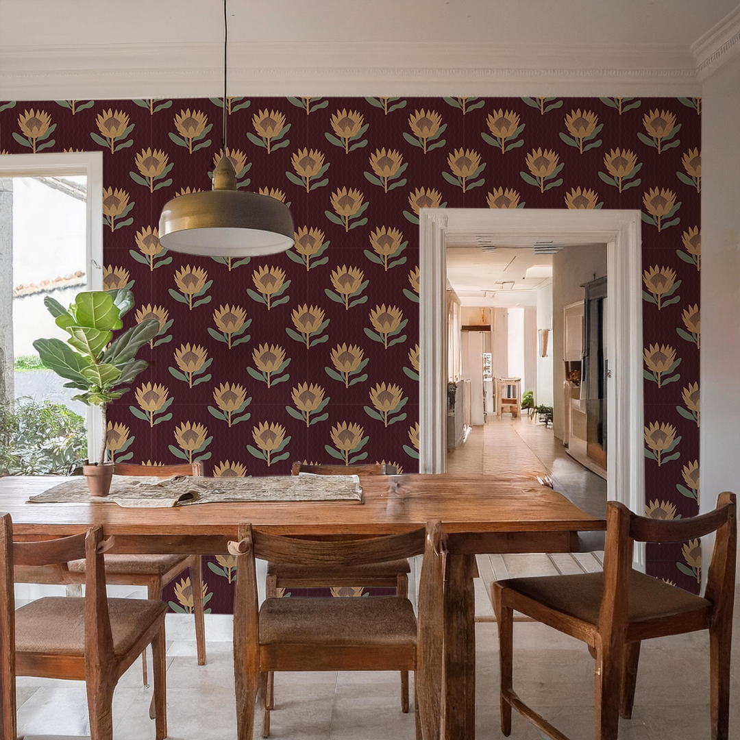 King Protea Wallpaper, dark plum and butter yellow