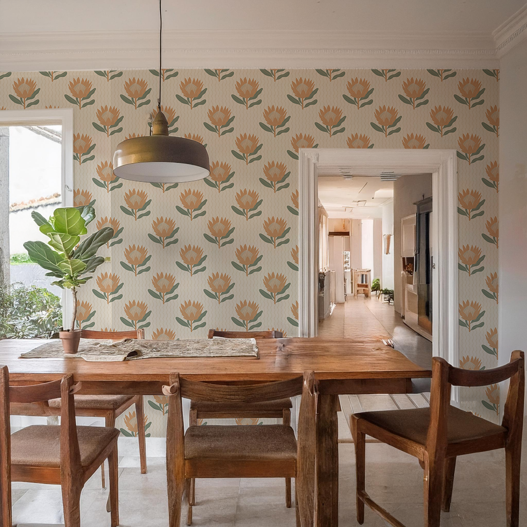 King Protea Wallpaper, neutral and apricot