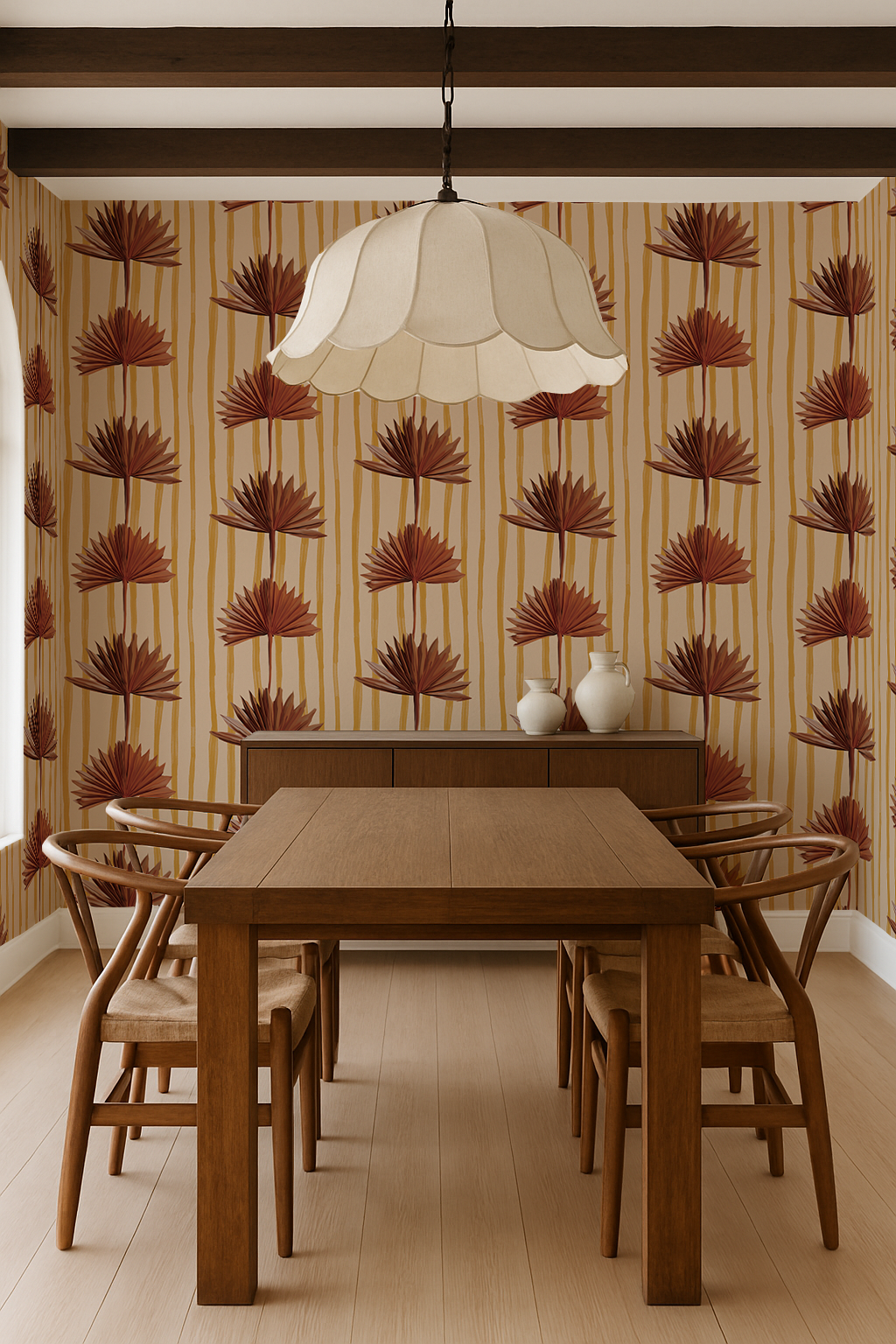 Stripey Palm Wallpaper, nude mustard and rust