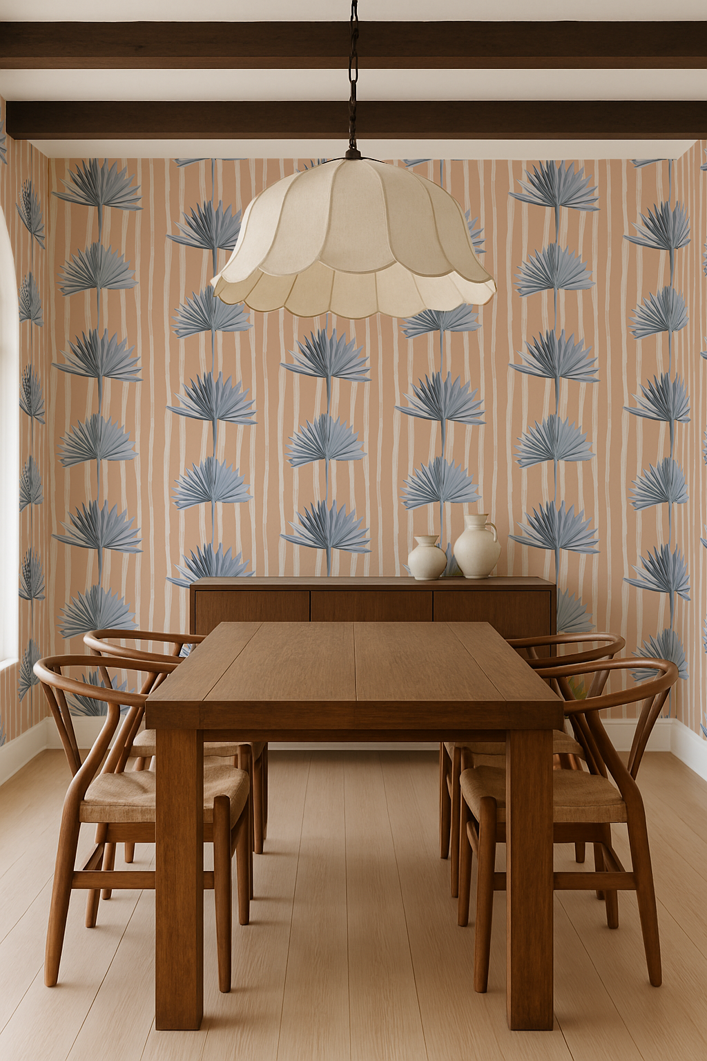 Stripey Palm Wallpaper, peach and blue