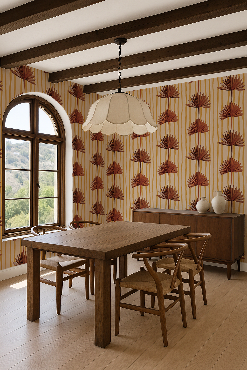 Stripey Palm Wallpaper, nude mustard and rust