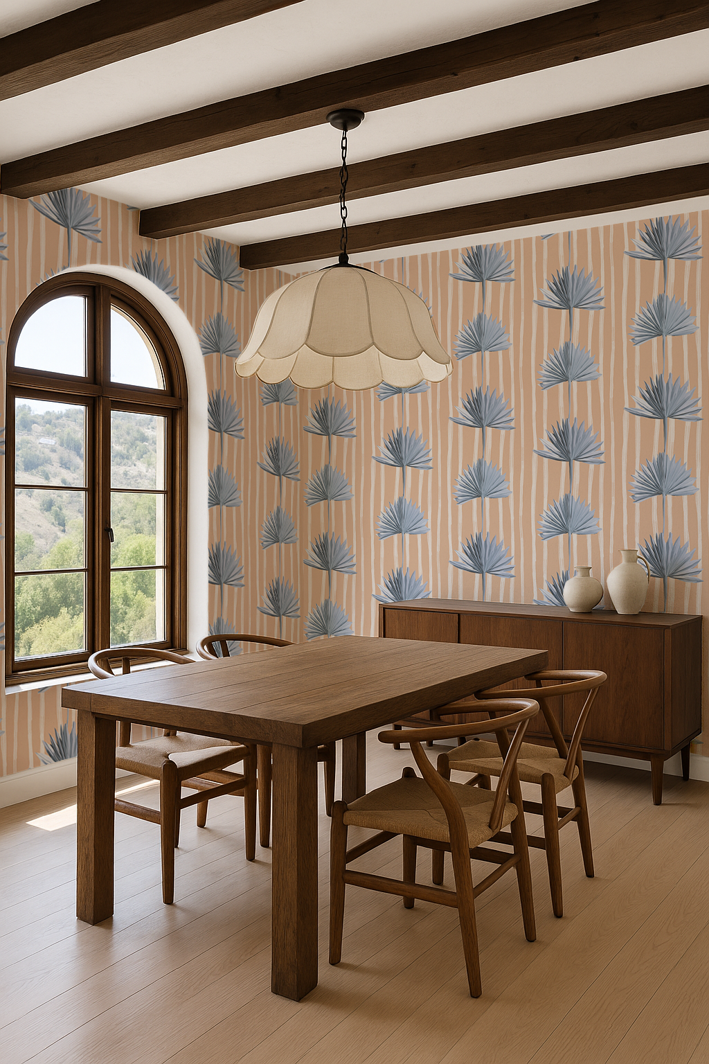 Stripey Palm Wallpaper, peach and blue