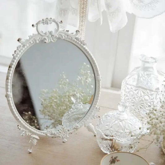 Distressed White Vintage Makeup Mirror with Ornate Pewter Frame