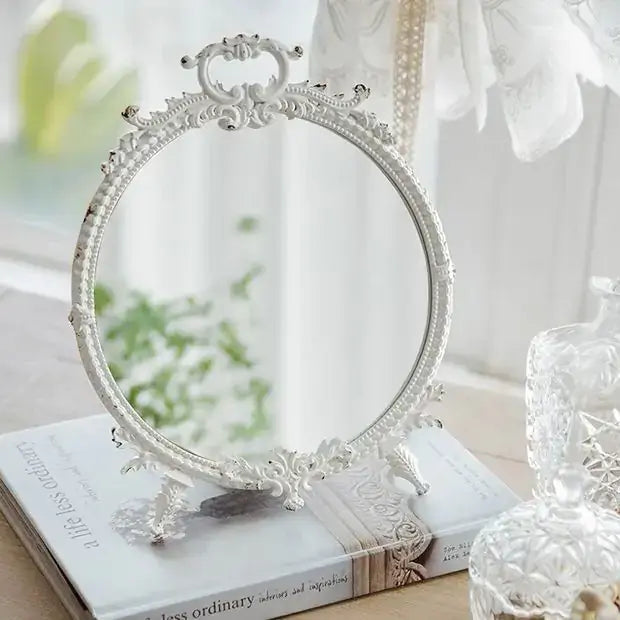 Distressed White Vintage Makeup Mirror with Ornate Pewter Frame
