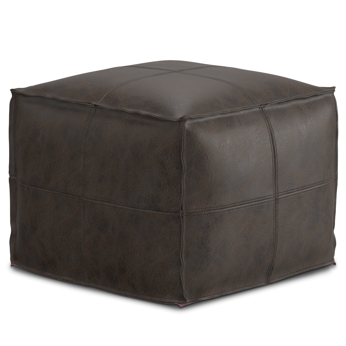 Brody 18 Inch Wide Square Top Stitch Pouf in Distressed