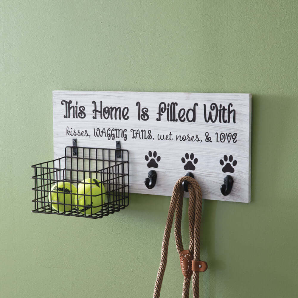 Dog Leash Organizer with Hooks and Basket