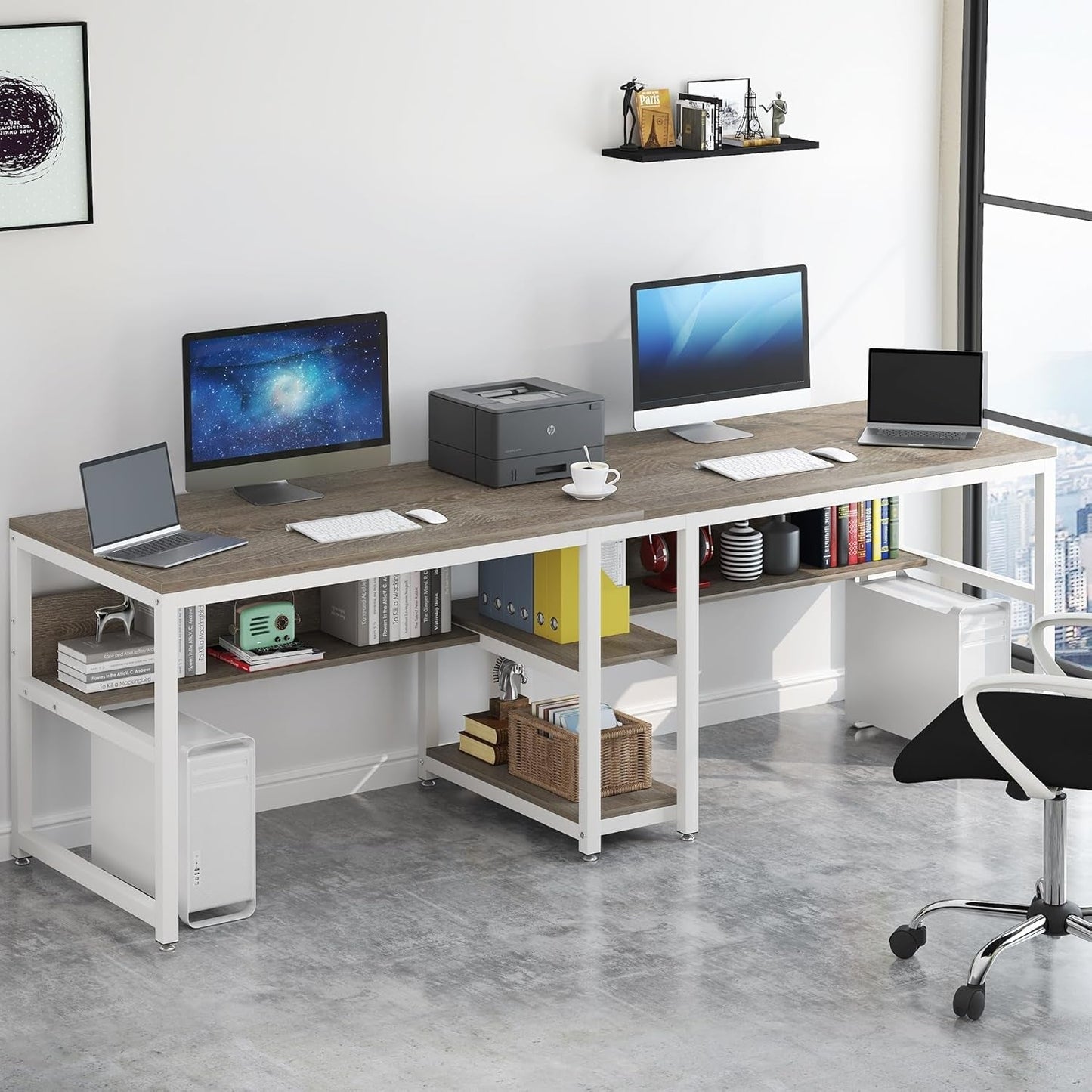 Double Workstation Desk For Two Person With Shelf
