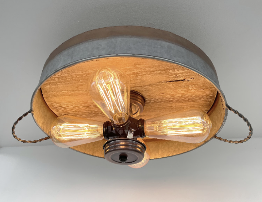 Modern Farmhouse Galvanized & Copper Tone Metal Flat Tub Ceiling Light Wood Accents