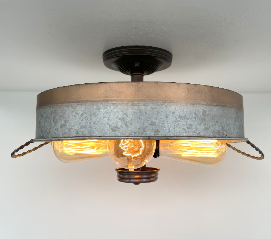 Modern Farmhouse Galvanized & Copper Tone Metal Flat Tub Ceiling Light Wood Accents