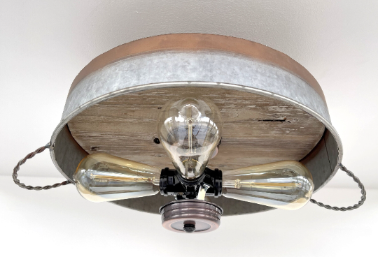 Modern Farmhouse Galvanized & Copper Tone Metal Flat Tub Ceiling Light Wood Accents