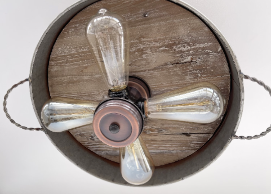 Modern Farmhouse Galvanized & Copper Tone Metal Flat Tub Ceiling Light Wood Accents