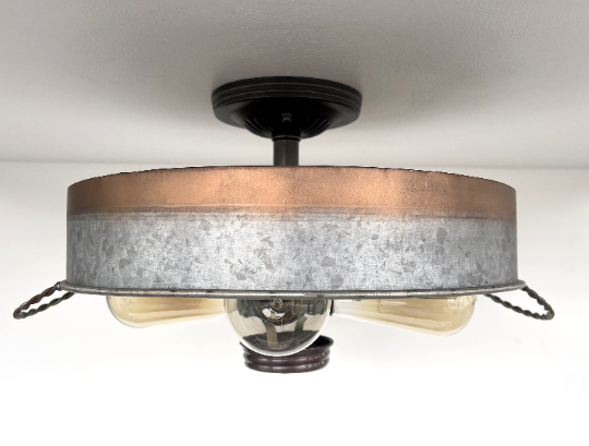 Modern Farmhouse Galvanized & Copper Tone Metal Flat Tub Ceiling Light Wood Accents