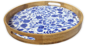 Round Blue Mango Wood Serving Tray