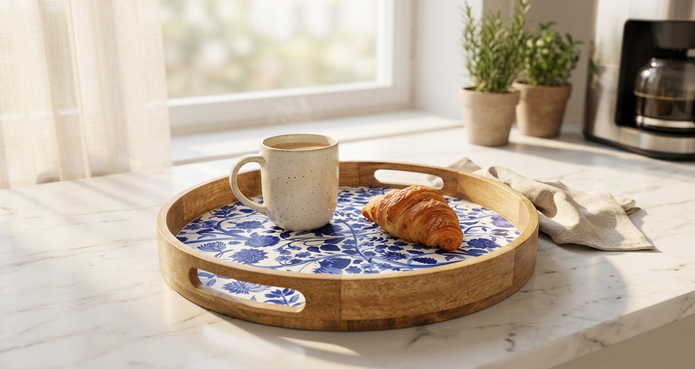 Round Blue Mango Wood Serving Tray