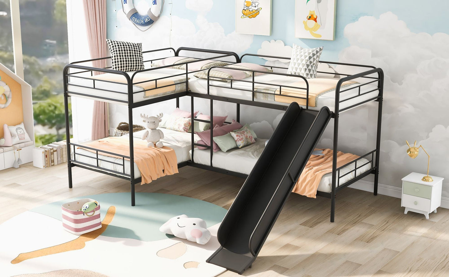 Twin Size L-Shaped Bunk Bed with Slide and Ladder,  Black