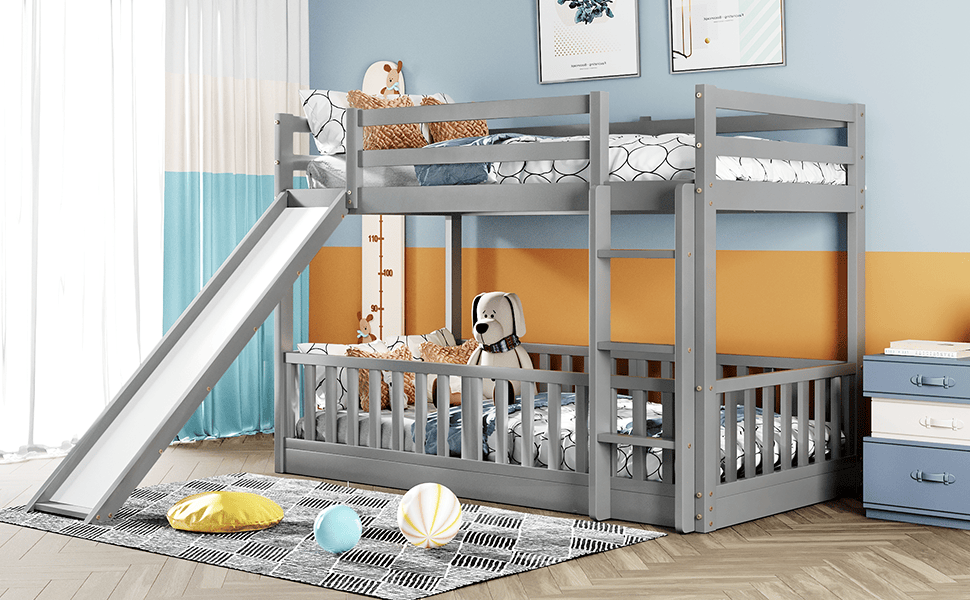 Kids Bedroom Twin Over Twin Wood Bunk Bed with Slide and Ladder, White | Just Better Bunk Beds