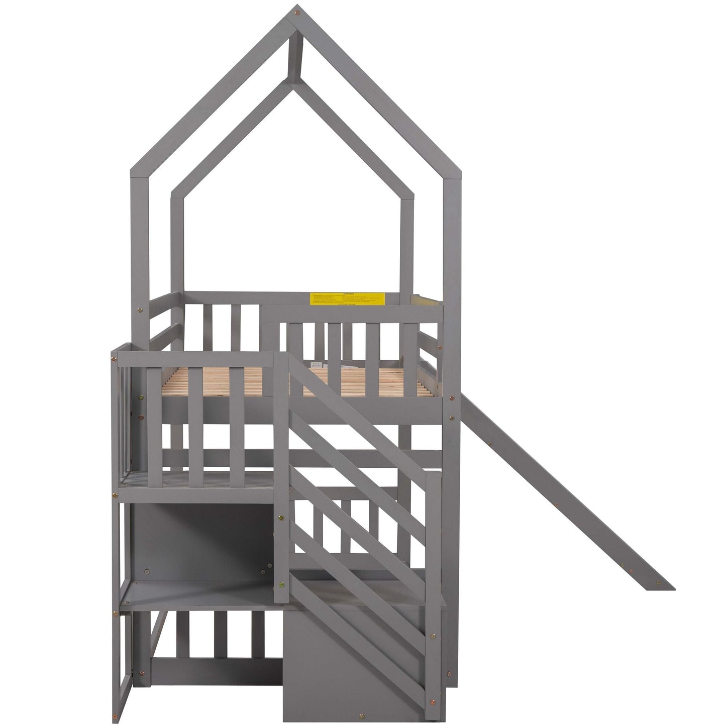 House-Style Twin Over Twin Wood Bunk Bed with Convertible Slide and Storage Staircase, Gray | Just Better Bunk Beds