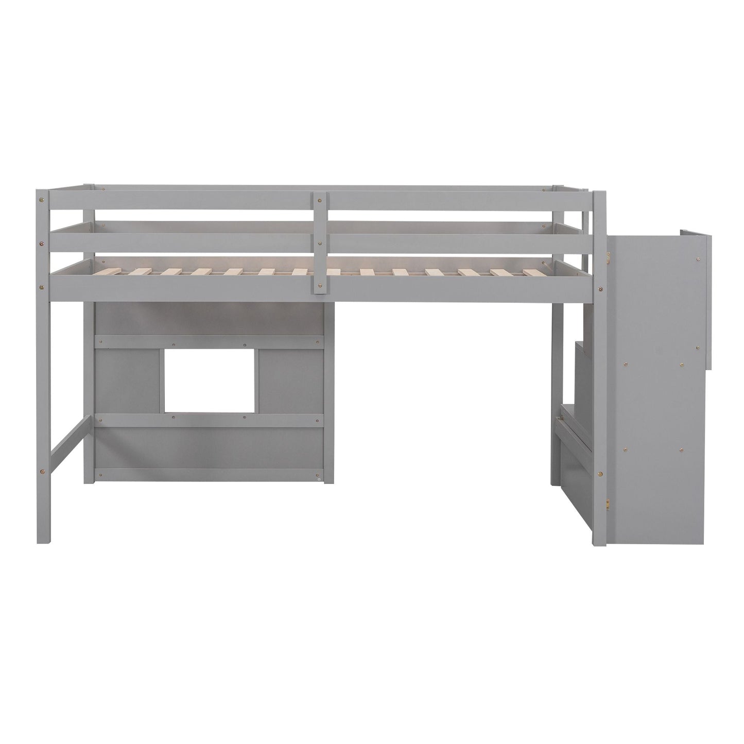 Space-Saving Twin Loft Wood Bed with Storage Staircase and Window, White | Just Better Bunk Beds