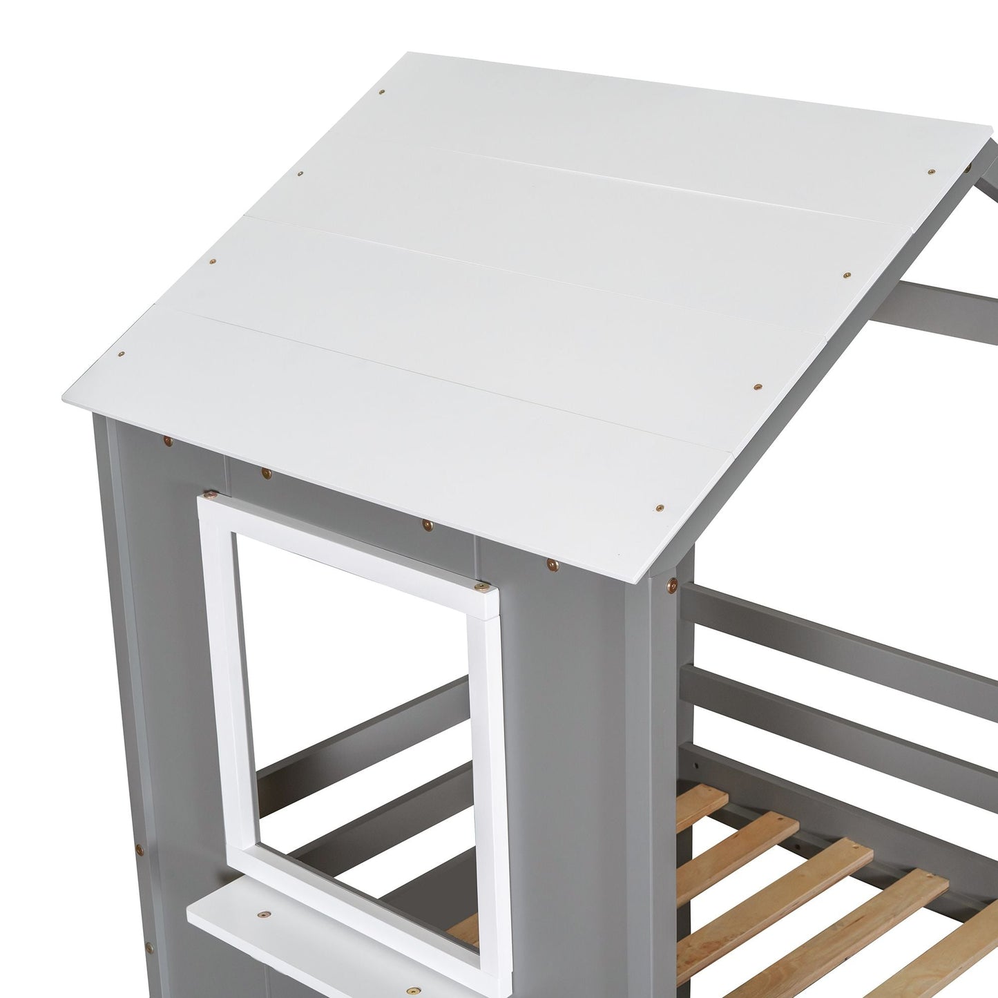 Twin Over Twin Bunk Bed Wood Bed with Roof,  Window,  Guardrail,  Ladder White