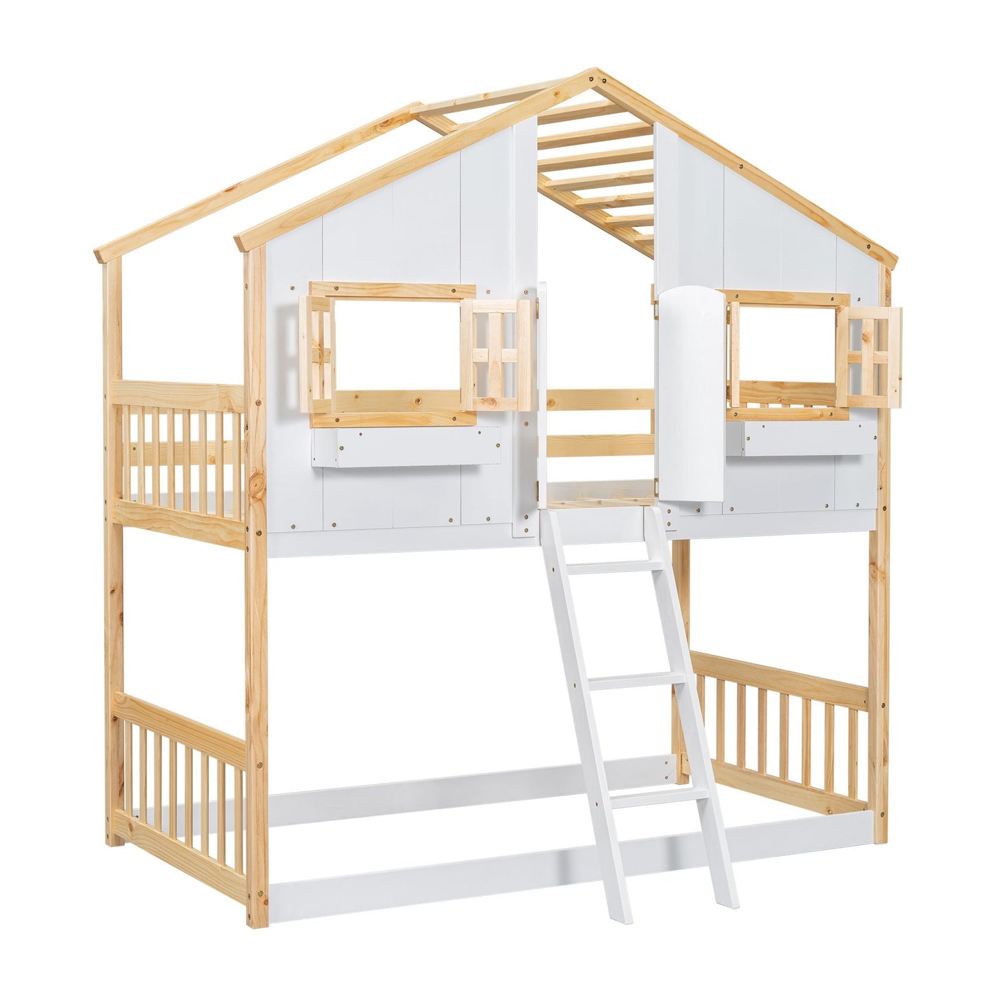 House-Style Twin Over Twin Wood Bunk Bed with Roof, Window, Door, and Ladder, Multiple Colors | Just Better Bunk Beds