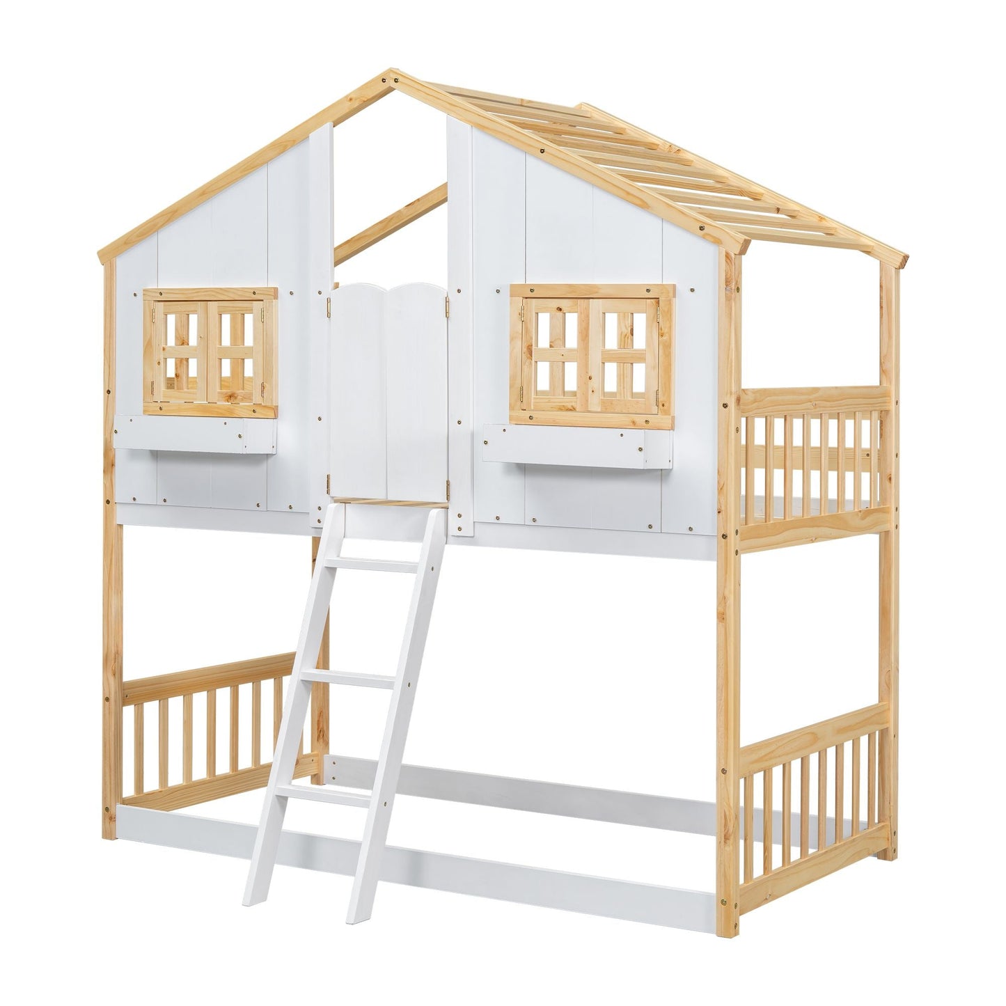 House-Style Twin Over Twin Wood Bunk Bed with Roof, Window, Door, and Ladder, Multiple Colors | Just Better Bunk Beds