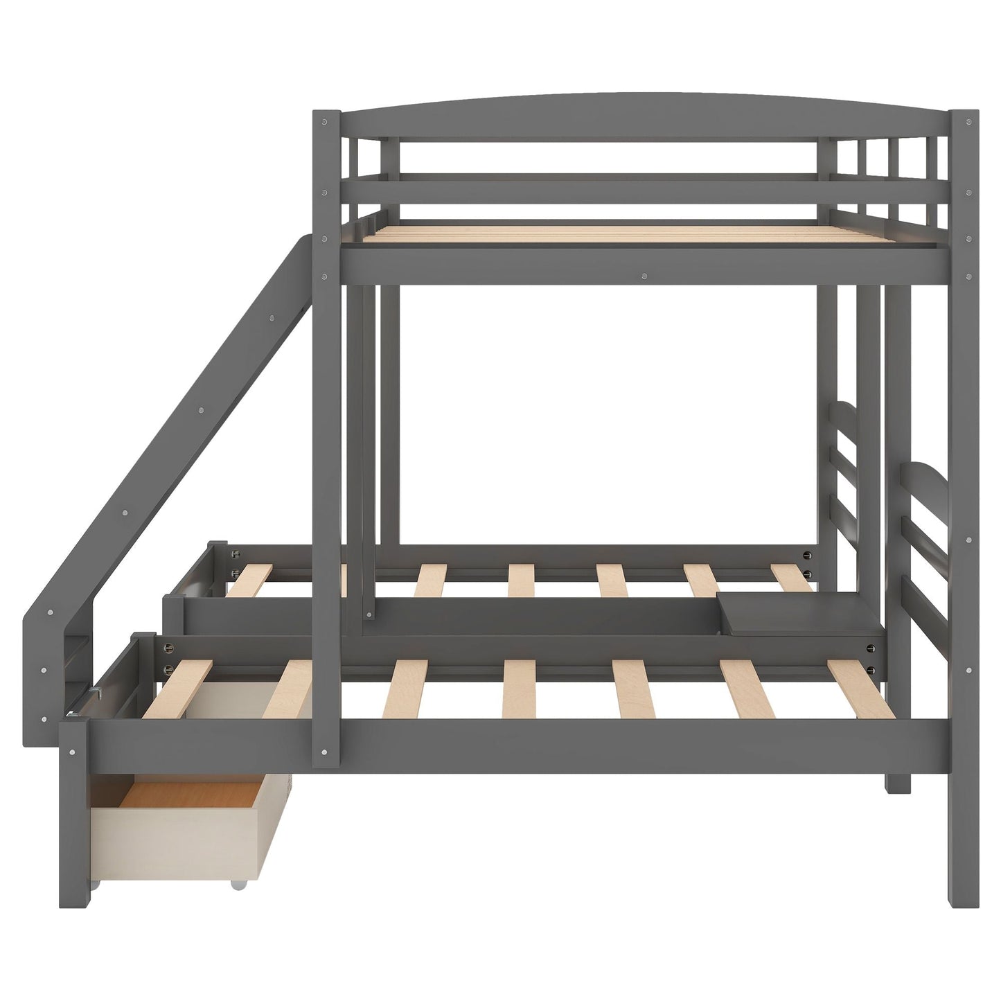 Triple Bunk Full Over Twin Over Twin Wood Bed with Drawers, Gray | Just Better Bunk Beds