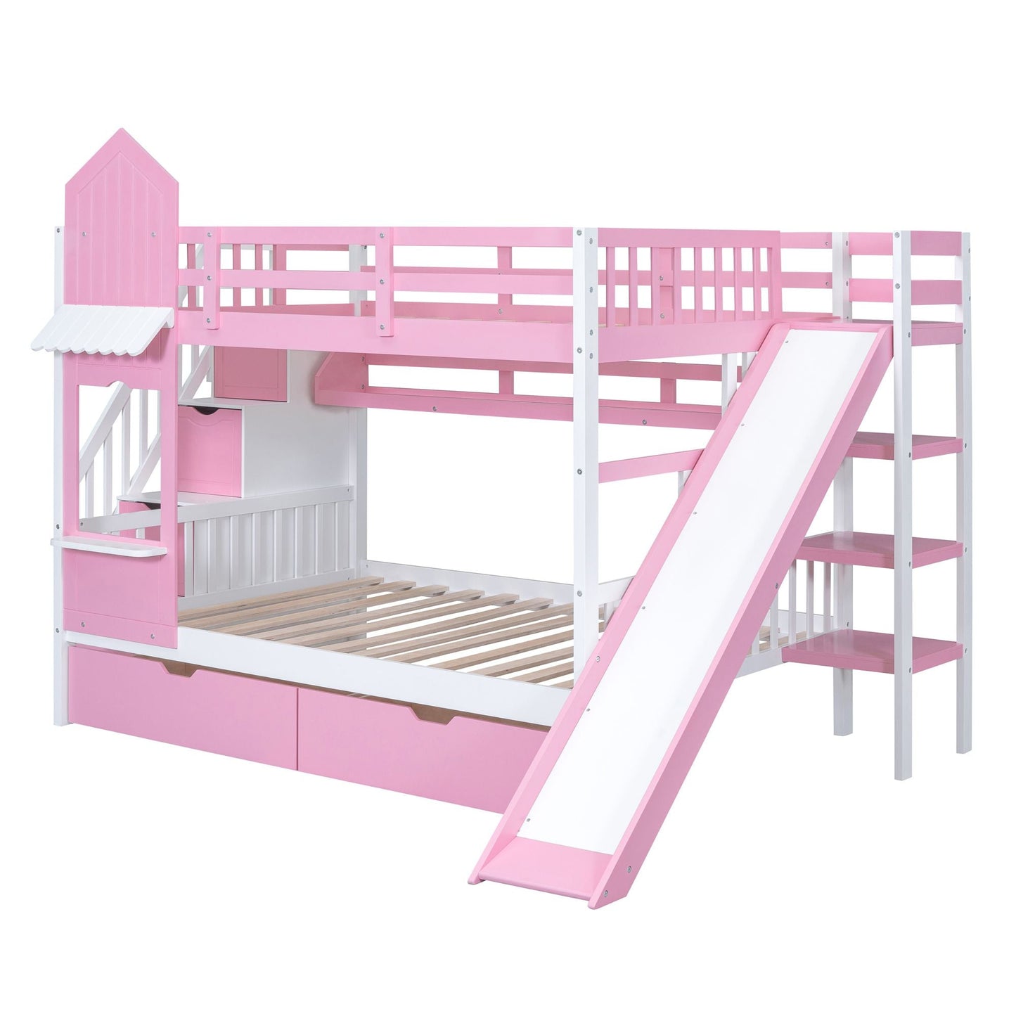 House-Style Full Over Full Wood Castle Bunk Bed with Drawers, Shelves, and Slide, Pink | Just Better Bunk Beds