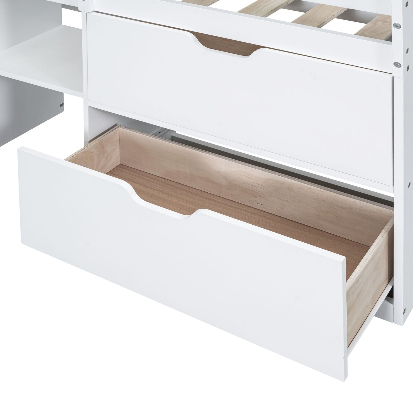 Space-Saving Twin Low Loft Wood Bed with Rolling Desk, Shelf, Drawers, White | Just Better Bunk Beds
