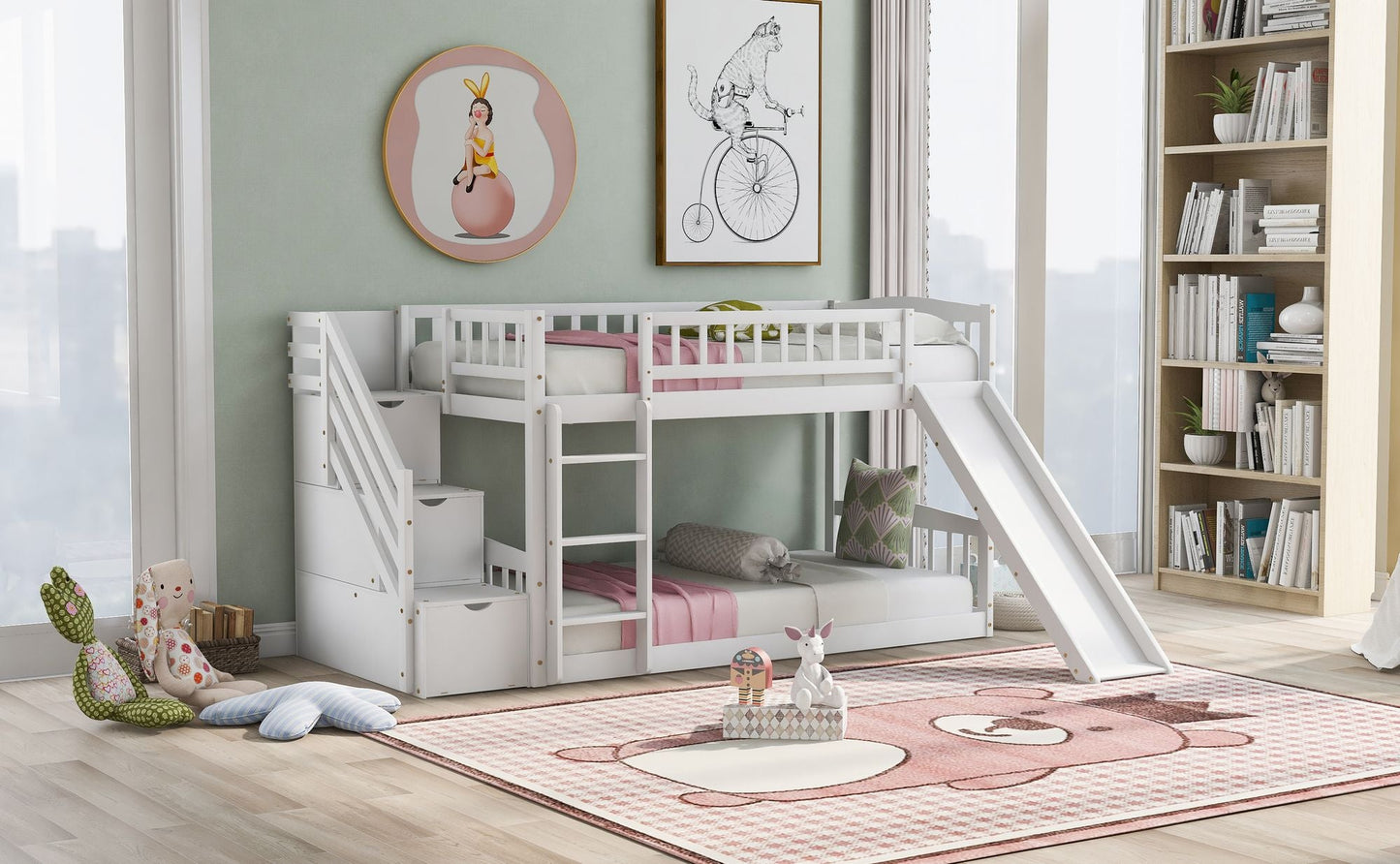 Stairway Twin over Twin Bunk Bed with Two Drawers and Slide,  White