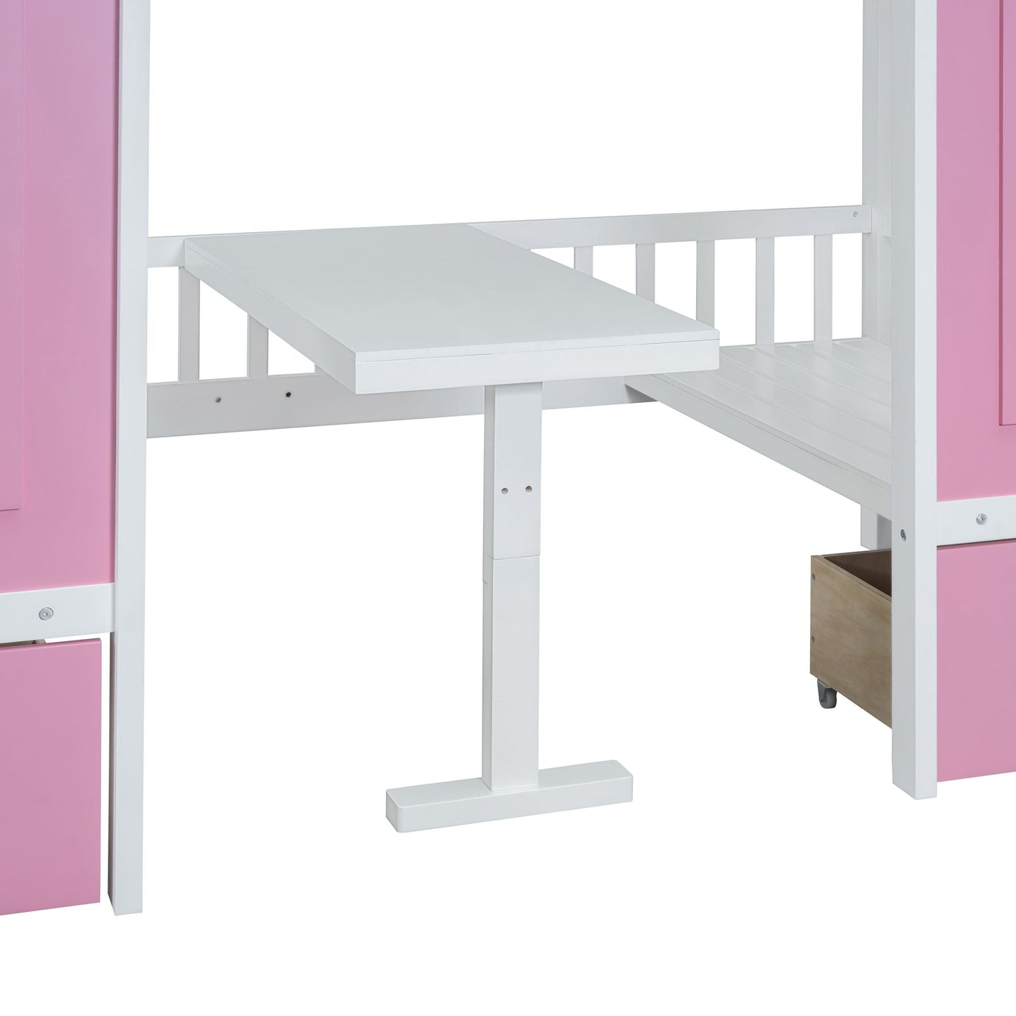 Multi-Use Twin Over Twin Wood Bunk Bed with Changeable Table and Desk, Pink | Just Better Bunk Beds