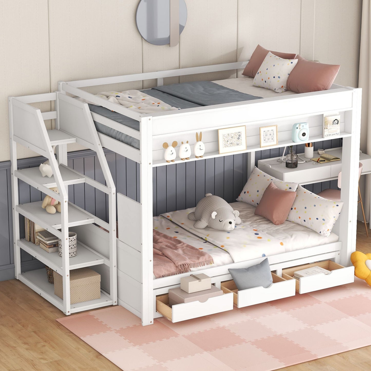 Convertible Full Wood Bunk Bed with Storage Staircase, Bedside Table, 3 Drawers, White | Just Better Bunk Beds