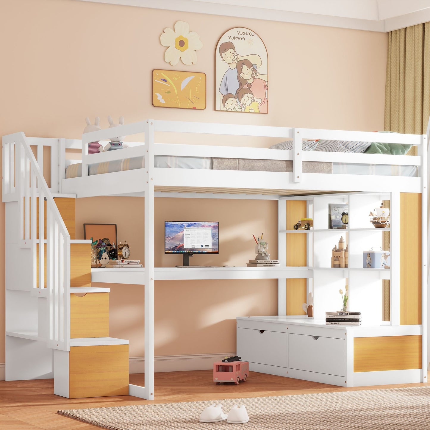 Space-Saving Full Wood Loft Bed with Desk, Shelves, Drawers, Storage Staircase, White and Natural | Just Better Bunk Beds
