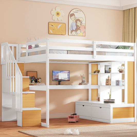 Space-Saving Full Wood Loft Bed with Desk, Shelves, Drawers, Storage Staircase, White and Natural | Just Better Bunk Beds