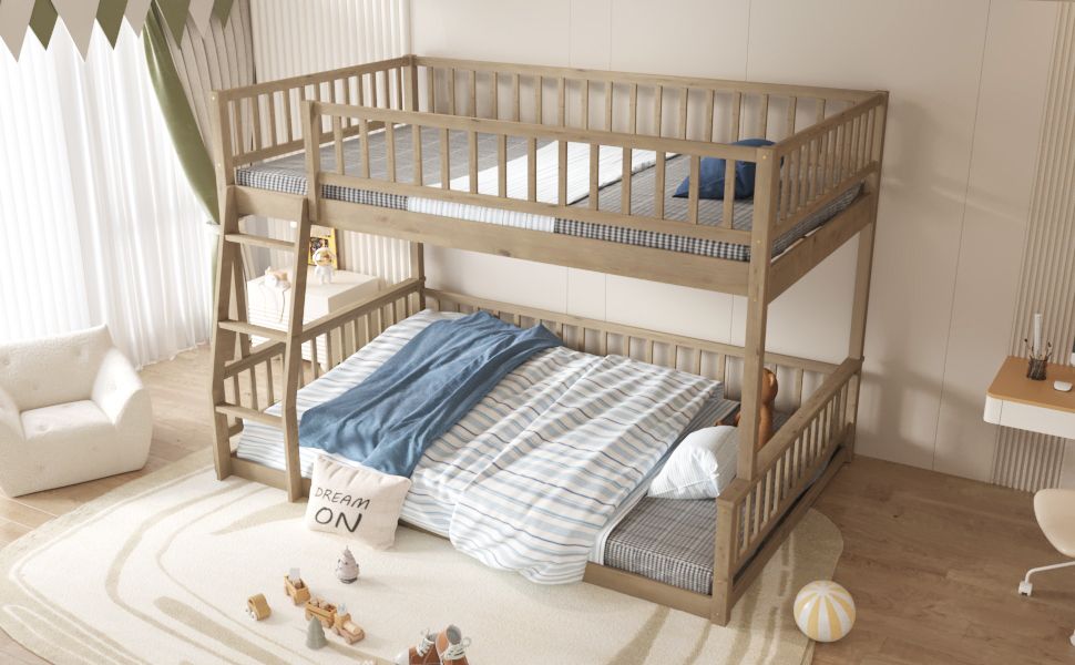 House-Style Full XL Over Queen Wood Bunk Bed with Ladder and Guardrails, Walnut | Just Better Bunk Beds