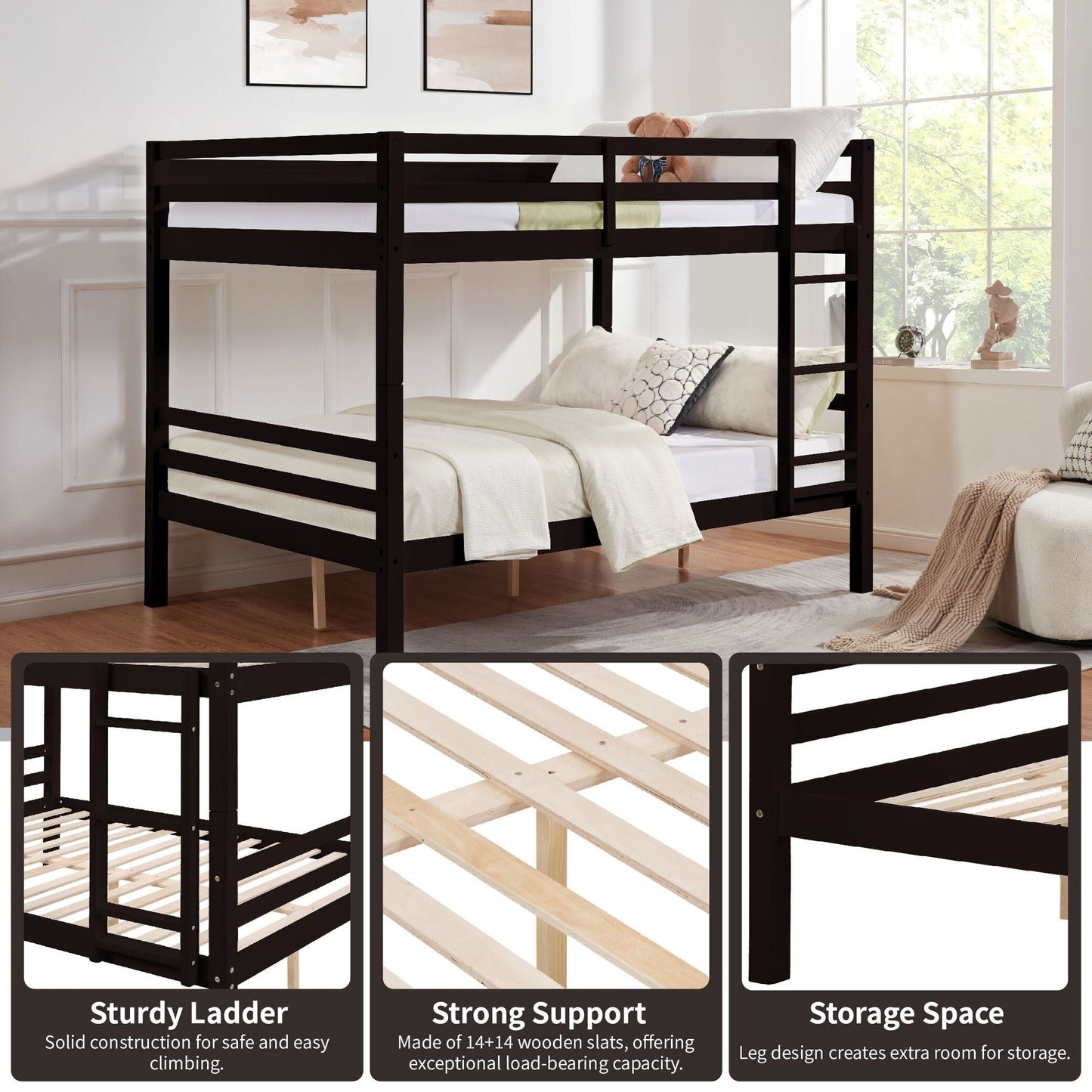 Durable Full Over Full Wood Bunk Bed with Thick Posts, High Guardrail, Ladder, Espresso | Just Better Bunk Beds
