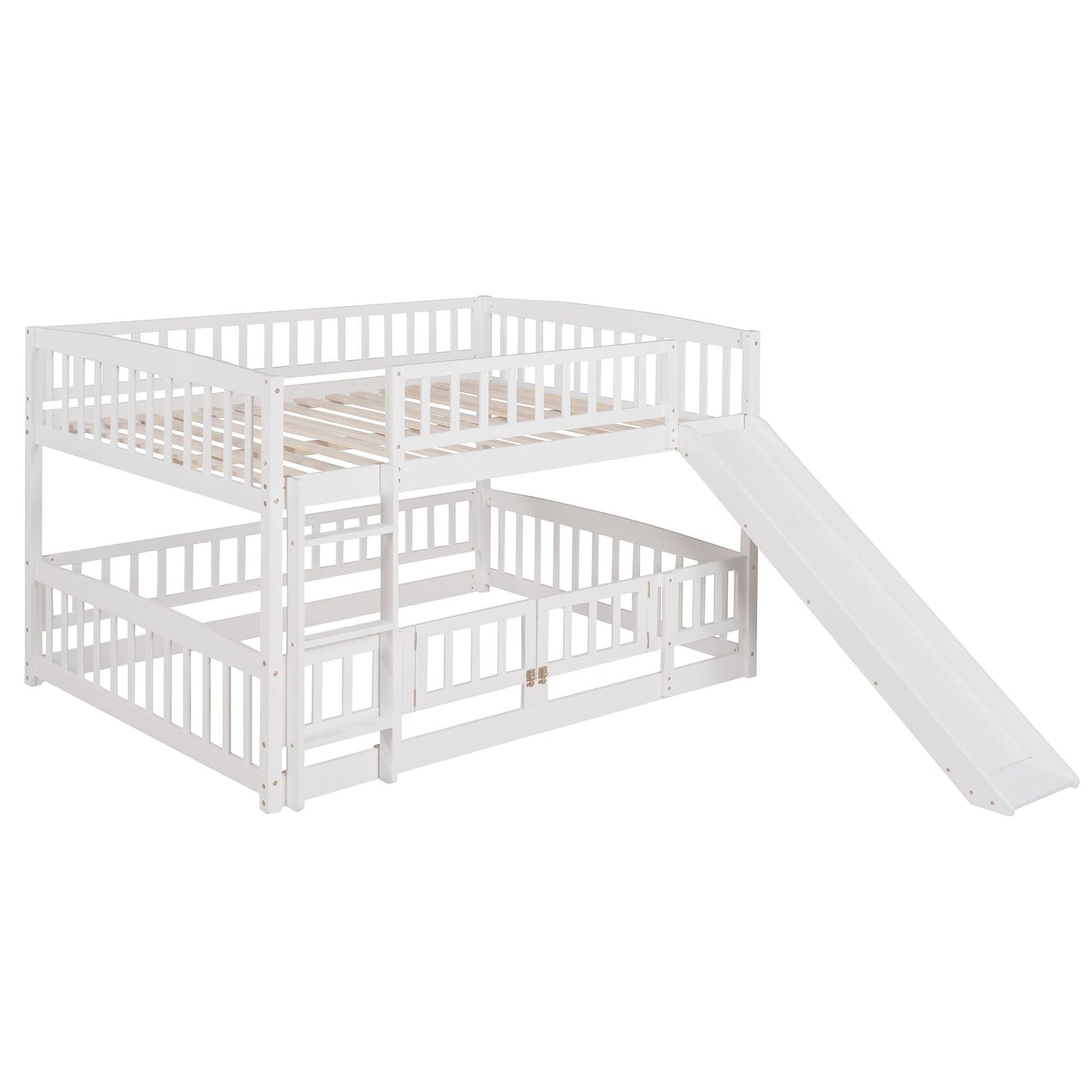 Kids Bedroom Full Over Full Wood Bunk Bed with Slide, Fence, Ladder, White | Just Better Bunk Beds