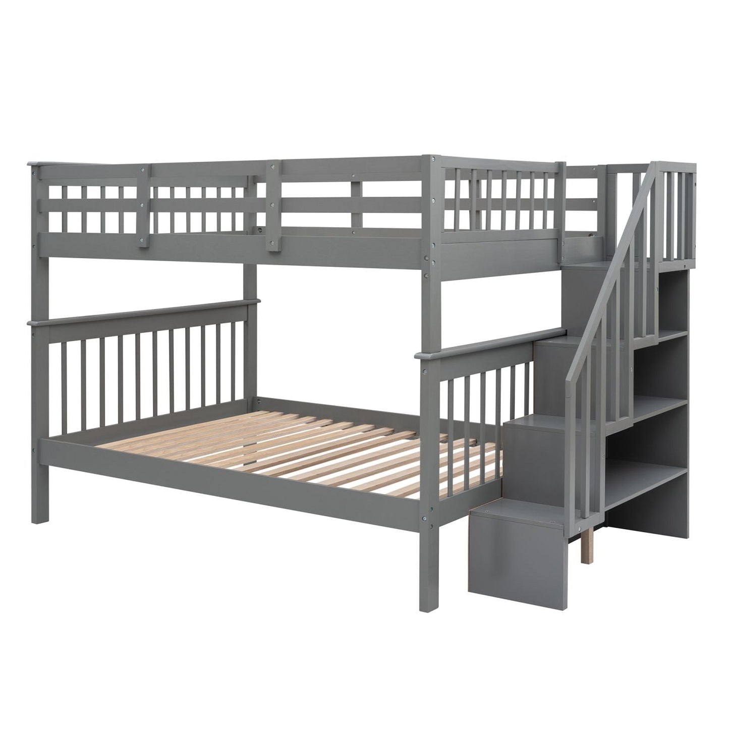 Stairway Full-Over-Full Bunk Bed with Storage and Guard Rail for Bedroom,  Dorm,  Gray