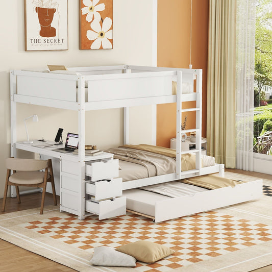 Multi-Functional Full Over Full Wood Bunk Bed with Twin Trundle, Storage, Desk, White | Just Better Bunk Beds
