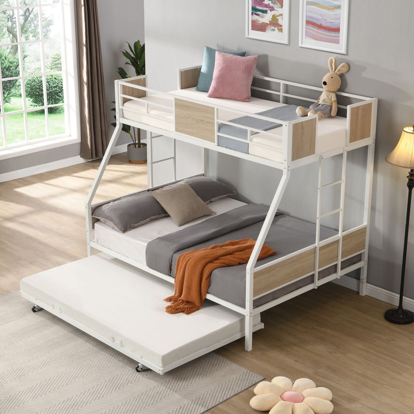 Twin Over FULL Metal Bunk Bed with Trundle 2 - Side Ladder and Full-Length Guardrail,  No Box Spring Needed,  Large Under Bed Storage,  Easy Assemble