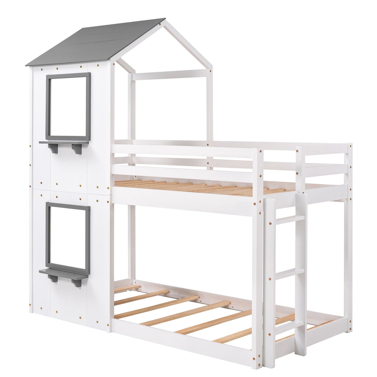 Kids Bedroom Twin Over Twin Wood Bunk Bed with Roof, Window, Guardrail, Ladder, White | Just Better Bunk Beds