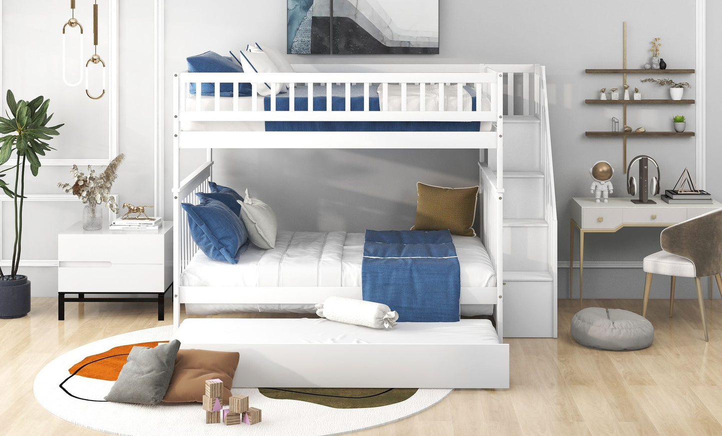 Space-Saving Full Over Full Wood Bunk Bed with Trundle and Staircase, Gray and White | Just Better Bunk Beds