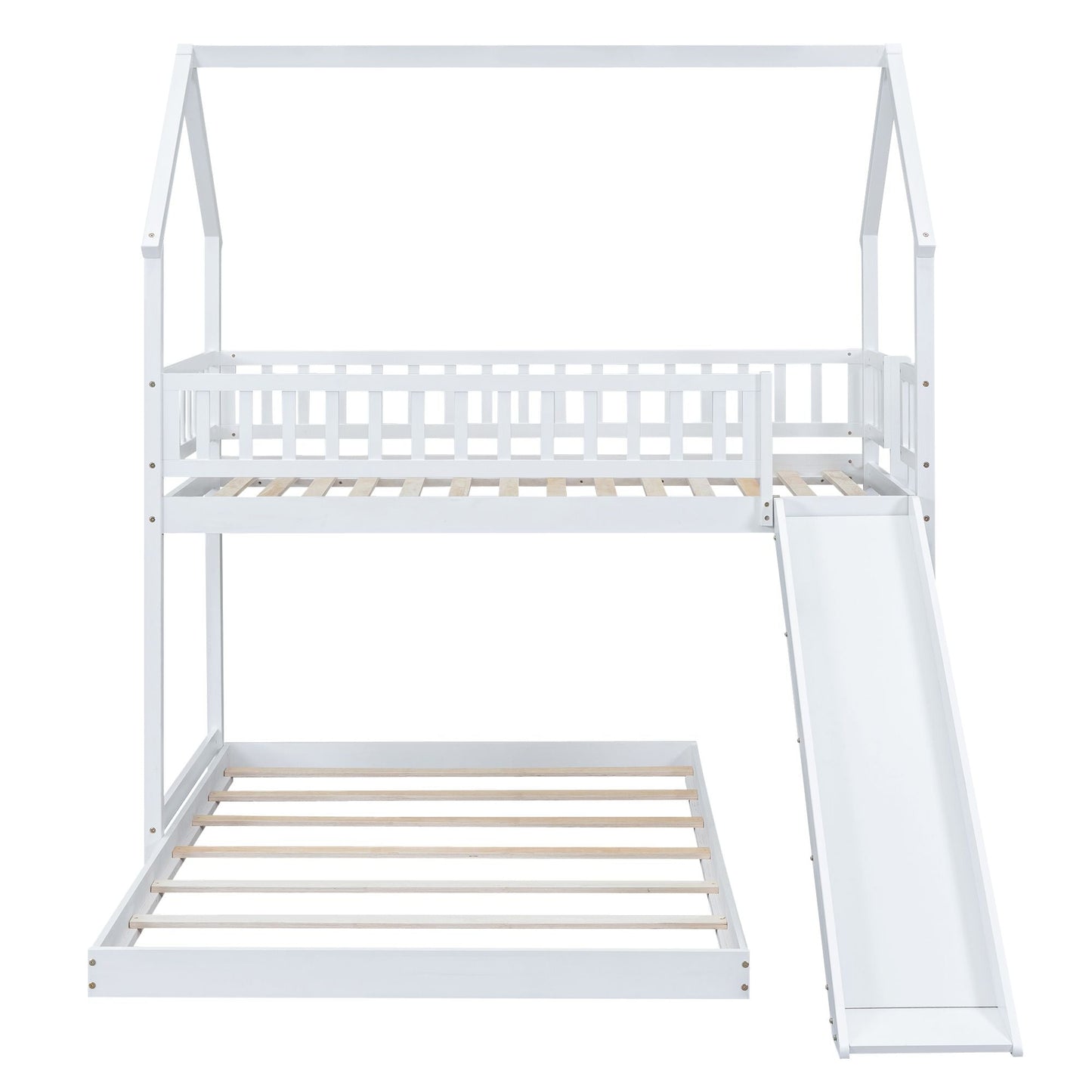 Twin over Full House Bunk Bed with Slide and Built-in Ladder,  Full-Length Guardrail