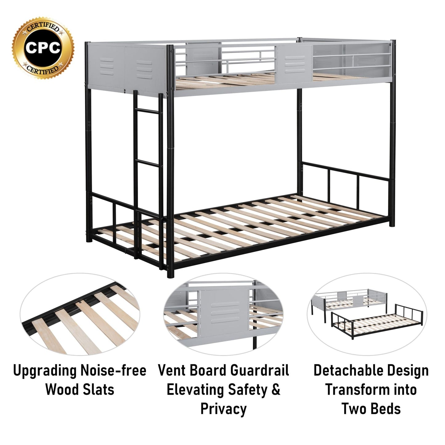 Heavy-Duty Twin Over Twin Metal Bunk Bed with Vent Board, Black | Just Better Bunk Beds