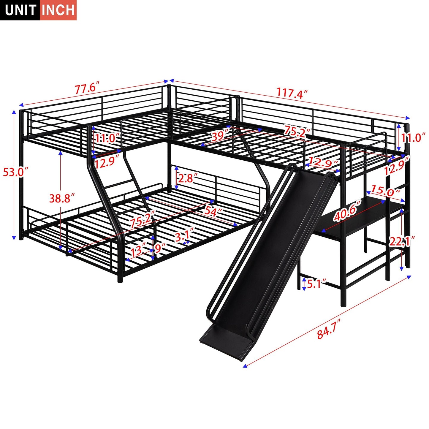 L-Shaped Twin Over Full Wood Bunk Bed with Loft, Desk and Slide, Black | Just Better Bunk Beds